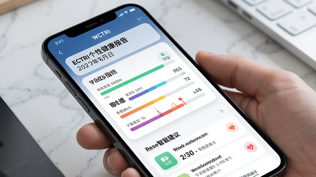 ECTRI个性化健康报告界面预览图,主体为手机屏幕展示一周数据汇总卡片,布局顶部为标题与日期,中部为各项指标进度条,底部为智能建议列表,排版整齐美观,风格商务简约,细节包含彩色图表与圆角卡片,画质干净,无多余元素