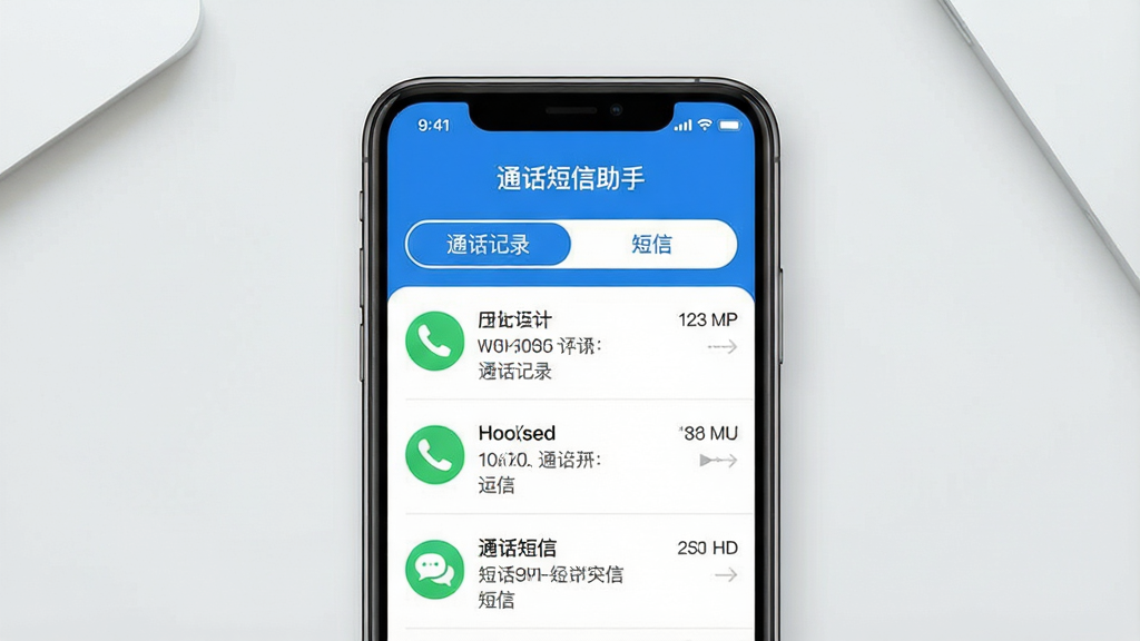 一张智能手机屏幕的俯视图,手机屏幕中央显示“通话短信助手”的APP主界面,界面设计简洁现代,以蓝色和白色为主色调,上方清晰显示“通话记录”和“短信”两个选项卡,下方列表中展示了几条通话和短信的摘要信息,界面布局清晰,图标精致,背景为干净的浅灰色桌面,整体风格扁平化,画质高清,干净无多余元素