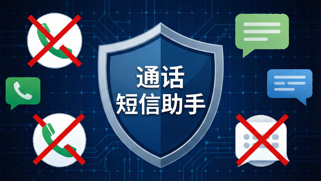 一个手机应用功能展示图,画面中央是一个盾牌形状的图标,盾牌上写有“通话短信助手”字样,盾牌周围环绕着几个被拦截的电话图标和短信气泡,背景是深蓝色的科技感网格,整体风格硬朗,色彩对比强烈,突出了安全防护的概念,画质精细,无多余元素