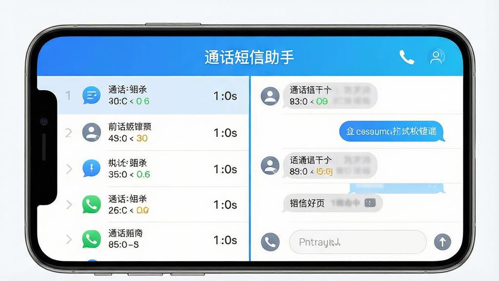 一张手机横屏展示的界面设计图,左边是通话记录列表,右边是短信对话列表,中间用一条分割线隔开,顶部有“通话短信助手”字样,界面采用了分屏设计,色彩明快,以蓝白渐变色为主,整体布局平衡,图标线条流畅,风格现代简约,画质清晰,无多余元素