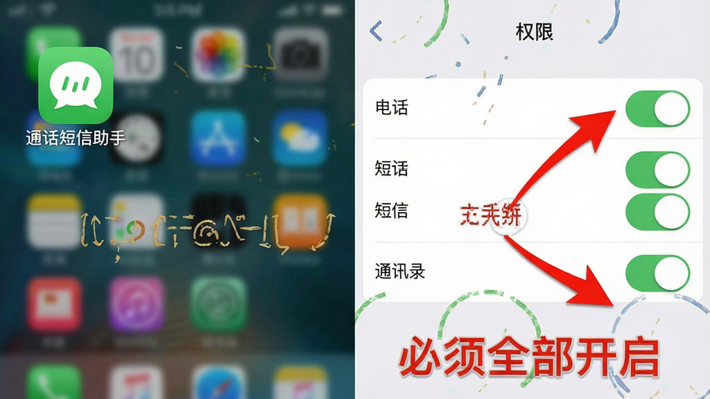 一张手机截图教程图,画面分为两半,左侧是手机主屏幕显示“通话短信助手”图标,右侧是权限设置页面,上面有“电话”、“短信”、“通讯录”等权限开关,图片上有红色的箭头指引点击位置,并有文字标注“必须全部开启”,图片风格为教学指导型,画质清晰,无多余元素