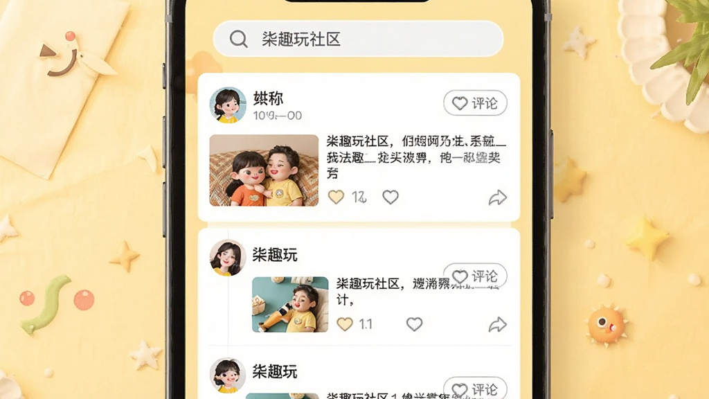 չʾ��Ȥ��APP����ҳ��ĳ�������Ļ����ʾһ�������б������û�ͷ���ǳơ���������ͼ��������۰�ť������Ϊǳ��ɫůɫ���������������С���Ȥ�����������֣����岼��Ϊ�б�ʽ���Ű����ʣ�������£�ϸ�ڷḻ�����ʸɾ�