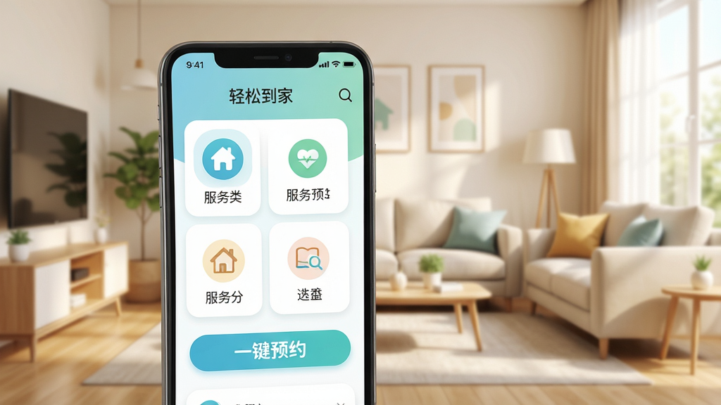 轻松到家APP界面预览图,主体为智能手机屏幕展示家政服务预约页面,背景为温馨明亮的现代客厅,布局清晰展示服务分类与一键预约按钮,排版采用大图标与圆角卡片风格,整体色调清新淡雅,细节突出“轻松到家”品牌标识,画质高清干净,无多余元素