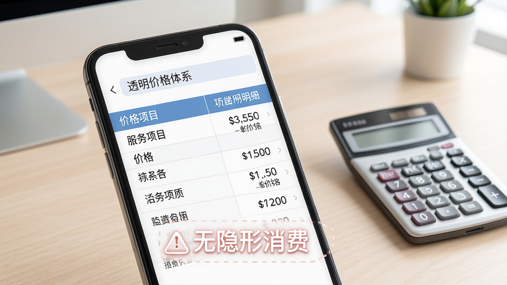 轻松到家透明价格体系示意图,主体为手机端价格明细列表,背景为简约办公桌与计算器,布局以表格形式展示不同服务项目与对应价格,排版简洁清晰,风格商务简约,细节突出“无隐形消费”字样,画质高清明亮,无多余元素