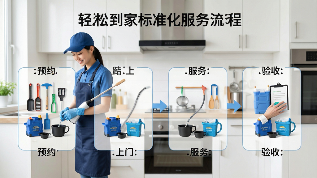 轻松到家标准化服务流程展示图,主体为服务人员穿着统一制服在整洁厨房进行专业清洁,布局采用步骤分解图形式,排版清晰标注“预约-上门-服务-验收”四个环节,风格写实自然,细节体现工具摆放整齐与操作规范,画质干净明亮,无多余元素