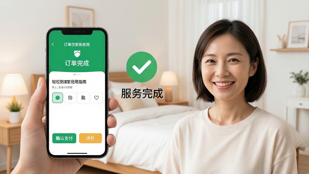 轻松到家使用指南配图,主体为一部手机显示订单完成页面,旁边有对勾图标和“服务完成”字样,背景为整洁明亮的卧室,布局简洁明快,排版突出“确认支付”与“评价”按钮,风格温馨实用,细节体现用户满意表情,画质高清干净,无多余元素