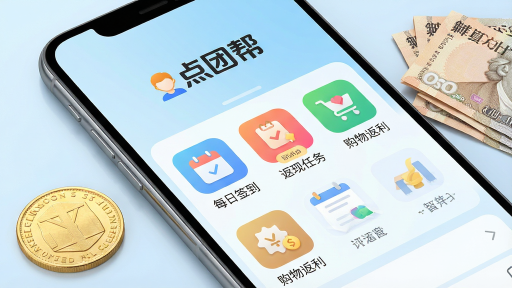 一张现代智能手机屏幕特写,屏幕中清晰显示“点团帮”APP的主界面,界面顶部有“点团帮”品牌Logo,下方排列着“每日签到”、“返现任务”、“购物返利”等彩色功能图标,整体UI设计简洁明亮,背景为柔和的浅蓝色渐变,手机旁边放着一枚金色硬币和几张小额纸币,暗示省钱返利主题,画面干净无多余元素,高清画质,产品渲染风格