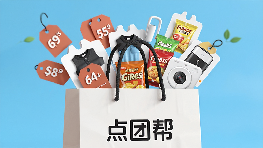 一张商品促销场景的写实渲染图,画面中一个购物袋上印着“点团帮”Logo,袋口冒出许多打折标签和商品图片,如衣服、零食、小家电等,背景为明亮的蓝色,风格干净整洁,强调低价实惠,画质高清无多余元素