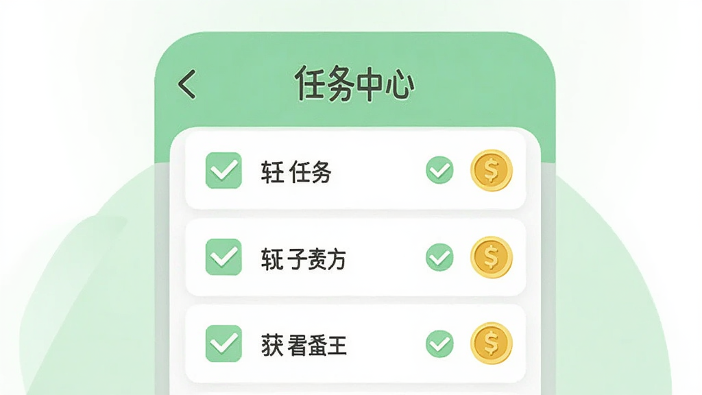 一个任务清单风格的扁平化插画,画面主体为“点团帮”APP的任务列表界面,每一项任务旁边都有对勾和金币图标,顶部有“任务中心”字样,背景为浅绿色,风格简约现代,强调轻松完成任务获得金币,画质干净无杂乱元素
