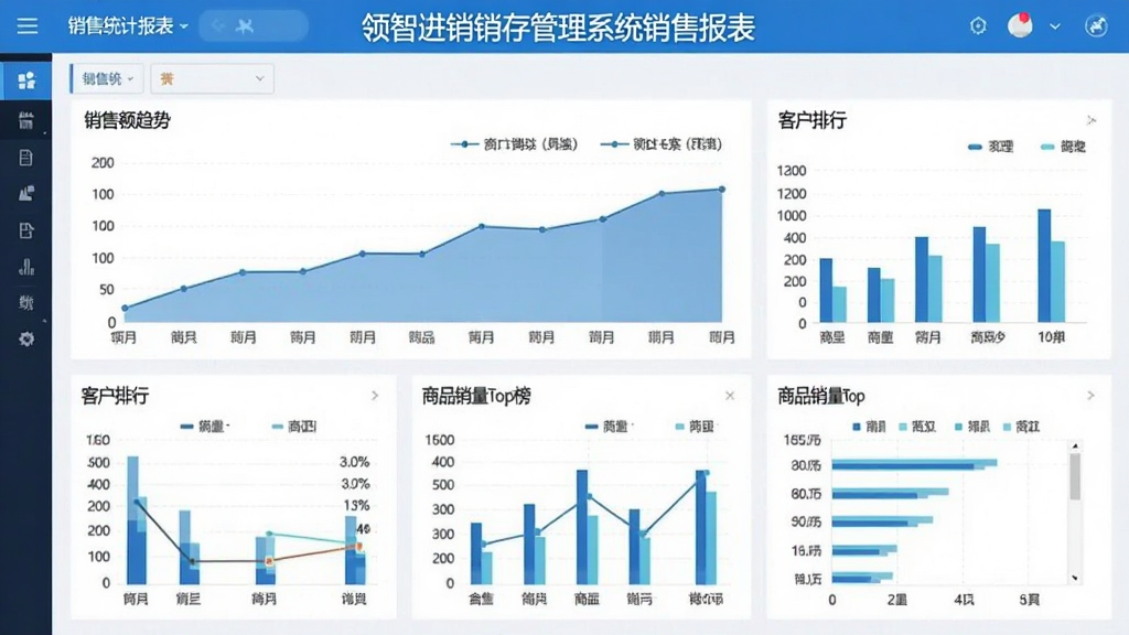 ���ǽ��������ϵͳ����ͳ�Ʊ���ҳ�棬������ʾ���۶�����ͼ���ͻ����С���Ʒ����Top�񣬽���������ݿ��ӻ�ͼ�����������ɫ�������ֱ�ע�����ǽ��������ϵͳ���۱�����
