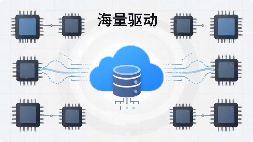 画面主体为云端数据库图标,周围环绕着各种硬件芯片图形,标注“海量驱动”字样,背景为浅灰色网格,布局中心对称,排版有序,风格简洁商务,细节有数据流线条,画质干净,无多余元素