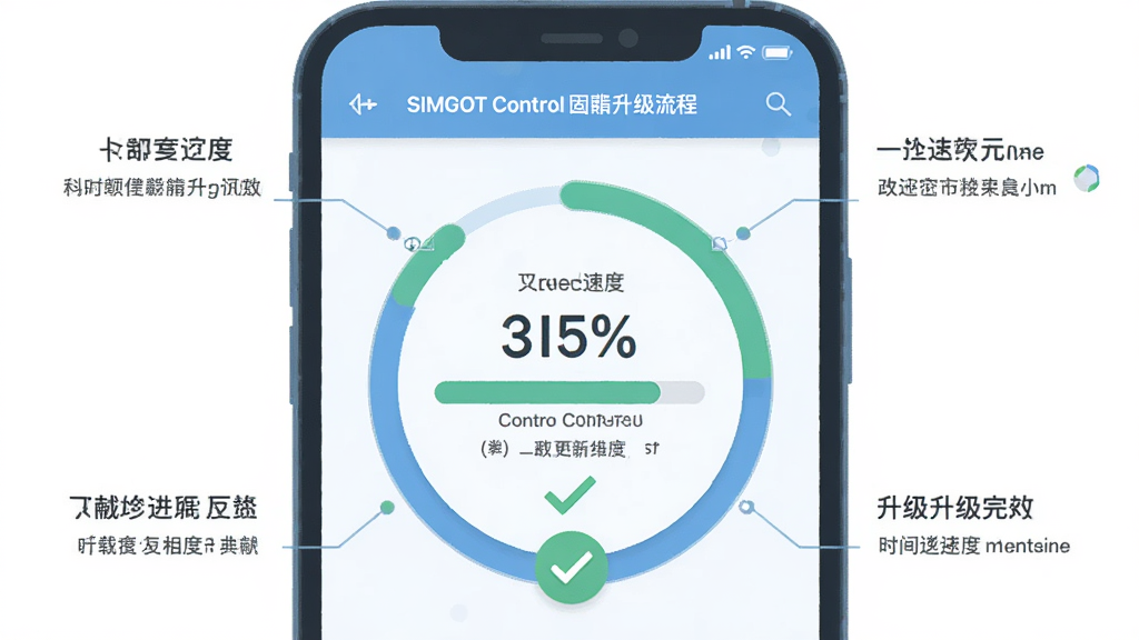 生成一张SIMGOT Control固件升级流程的插画示意图,主体为手机界面显示固件更新进度条,布局中央为圆形进度环,周围辅以文字说明,风格为扁平化插画风,色彩清新,细节包括下载速度、百分比数字、升级完成对勾图标,画质干净,无多余元素。