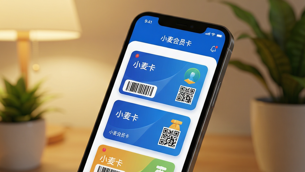 一幅现代简约风格的数字会员卡管理界面展示图,主体为智能手机屏幕特写,屏幕内清晰显示“小麦会员卡”APP主界面,包含多张彩色电子会员卡卡片列表,卡片上有条形码和二维码元素。布局采用居中构图,手机略微倾斜,背景虚化处理,搭配暖色灯光与绿植点缀。排版强调UI界面的清晰层级,卡片圆角设计,色彩以品牌蓝和白色为主。风格写实且具有科技感,细节丰富,画面干净无多余元素,画质高清。