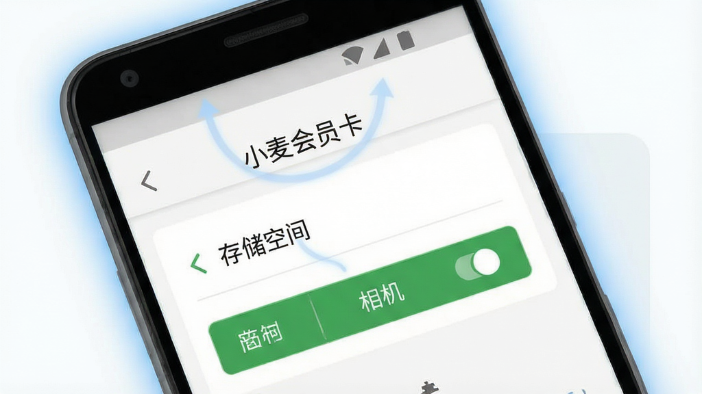 一张展示“小麦会员卡”手机应用安装与设置过程的插图,主体为一部安卓手机屏幕,屏幕显示应用权限设置界面,包含“存储空间”和“相机”权限的开启按钮。布局为手机屏幕特写,周围有淡淡的蓝色光圈。排版突出设置步骤的清晰指引,背景简洁。风格通俗易懂,细节到位,画质干净,无多余元素。