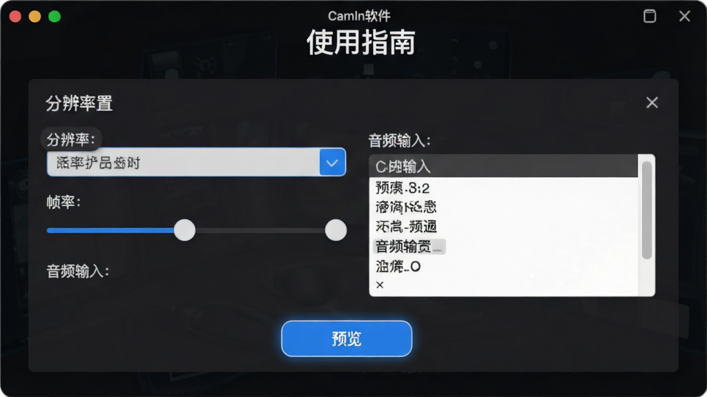 一张展示CamIn软件“使用指南”界面的截图,界面中显示录制设置面板,包含分辨率选择下拉框、帧率滑块、音频输入列表,背景为深色主题,高亮显示“预览”按钮,整体风格简洁,文字清晰,画质干净。