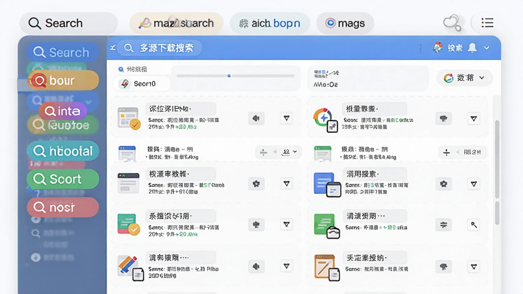图片和文档资料批量搜索下载工具多源聚合搜索功能示意图,界面展示多个搜索来源标签,结果列表整齐排列,风格扁平化,色彩明快,高清画质,干净无多余元素