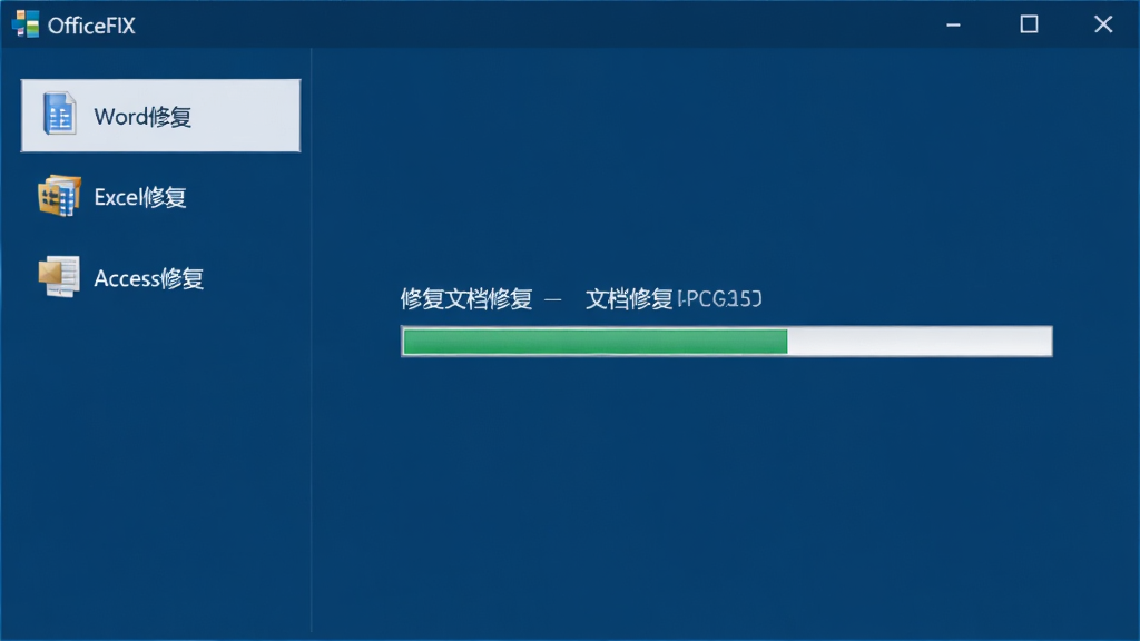 OfficeFIX修复软件主界面截图,深蓝色背景,中央显示文档修复进度条,左侧功能列表包含Word修复、Excel修复、Access修复选项,整体风格简洁专业,高清画质,干净无多余元素