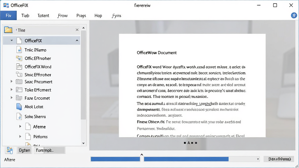 OfficeFIX修复Word文档的界面,左侧显示文件列表,右侧预览修复后的文字内容,底部有修复进度条,界面清爽,文字清晰,画质细腻,无多余元素