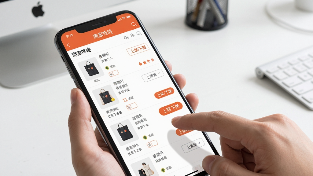 特写商家咚咚的手机端商品管理界面,屏幕上清晰显示商品列表和“上架/下架”按钮,手指正在点击操作,背景为干净的办公桌面,布局合理,风格写实,细节丰富,画质清晰,画面包含“商家咚咚”软件界面。