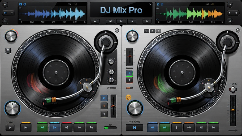 չʾ��DJ Mix Pro��������˫���̻���������д������Ϊ����Բ������ڽ����̣�����������ת���ж�̬Ч������Χ�����Ų�����ʾ���ں͸�����ư�ť���������ҶԳƣ��Ű�רҵ�����дʵ�Ҿ��пƼ��У�ϸ��ͻ�������ʸ����ɫƵ�ף����������ɾ����޶���Ԫ�ء�