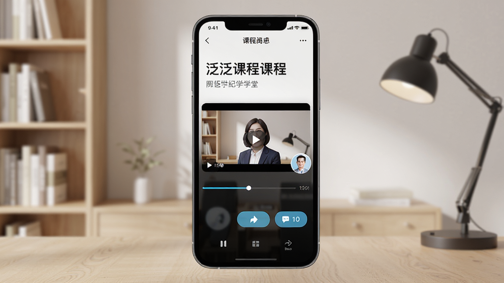 泛世纪学堂APP学习界面截图,显示视频播放页面,屏幕中有课程标题、讲师头像、播放进度条和互动按钮,背景为简约的书房环境,采用写实风格,光线柔和,画质清晰干净,无多余元素