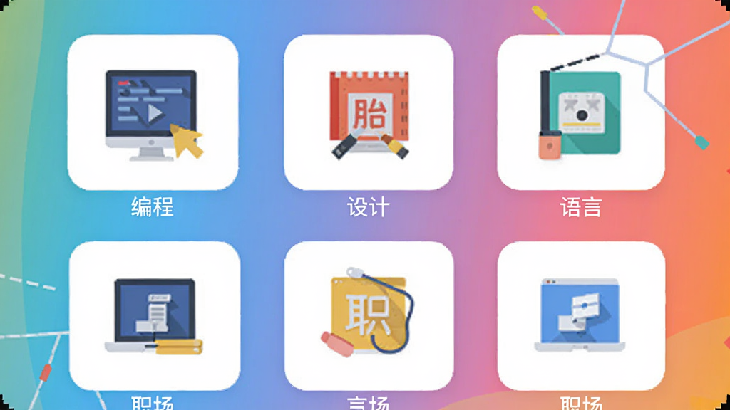 泛世纪学堂APP课程分类界面预览图,屏幕中展示多个课程分类图标,如编程、设计、语言、职场等,背景为渐变色,整体布局简洁明快,采用扁平化插画风格,色彩丰富且协调,画质清晰干净,无多余元素