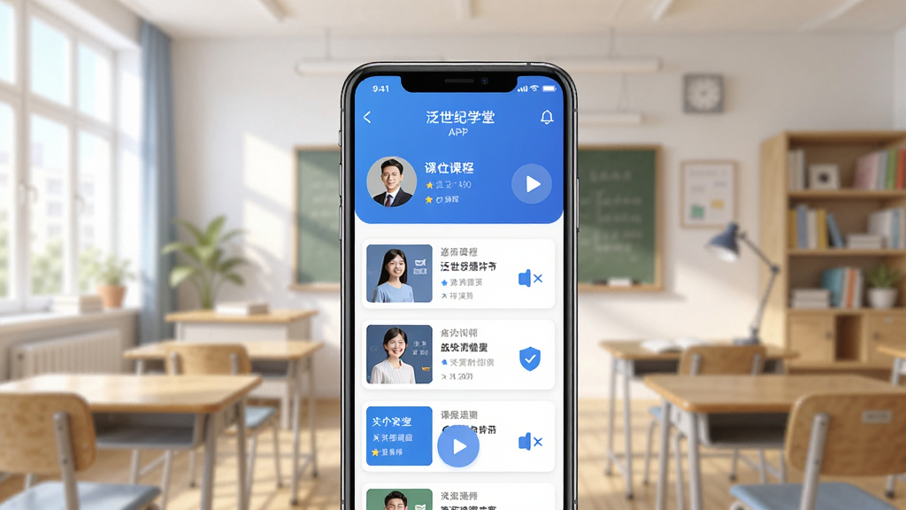 一幅展示泛世纪学堂APP界面的高清宣传图,画面中央是手机屏幕,屏幕内显示课程列表、讲师头像、播放按钮等元素,背景为明亮的教室或书房场景,采用扁平化设计风格,配色以蓝色和白色为主,画质清晰干净,无多余元素