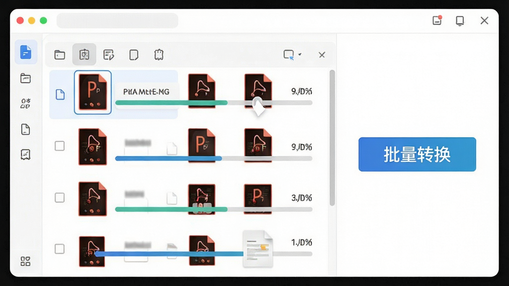 一张展示PDF转成图片工具批量转换功能的示意图,界面中显示多个PDF文件被拖拽到列表中,进度条正在运行,旁边有“批量转换”按钮,整体风格现代明亮,细节丰富,画质清晰,干净无多余元素,文字标签为“批量转换”