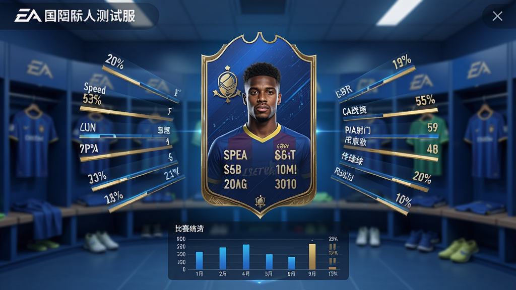 主体:EA体育俱乐部国际测试服中的球员信息界面,展示一名球星的最新数据面板,包括速度、射门、传球等关键属性,背景为球队更衣室。布局:球星卡居中,属性条以放射状排列,下方为比赛统计图表。排版:卡片式设计,信息层次分明。风格:现代简约,蓝色科技感背景。细节:属性数值清晰,卡牌边缘有金色装饰。画质:4K高清,干净无多余元素。