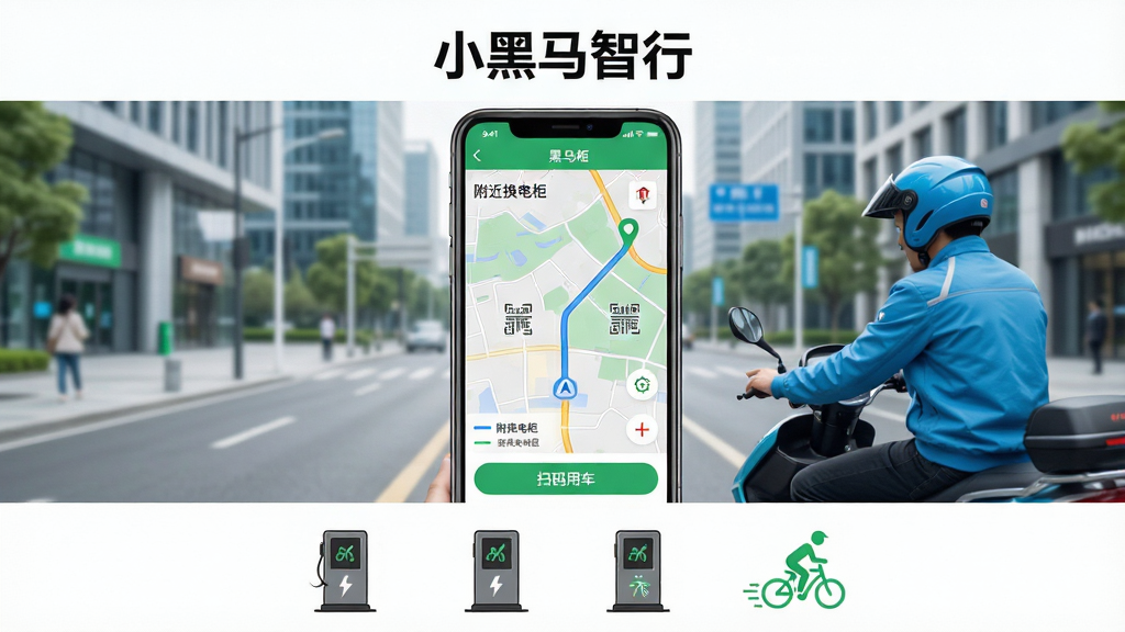 主体:小黑马智行APP界面展示,手机屏幕中呈现地图导航与附近换电柜分布,背景为现代城市街道,有骑手正在使用手机操作。布局:手机居中,屏幕内容清晰可见,周围留白,下方点缀几个换电柜图标和绿色出行元素。排版:简洁明了,突出APP界面,上方有“小黑马智行”字样。风格:科技感与生活化结合,明亮通透,色彩清新。细节:屏幕中显示“附近换电柜”、“扫码用车”等UI元素,画质高清,干净无多余元素。