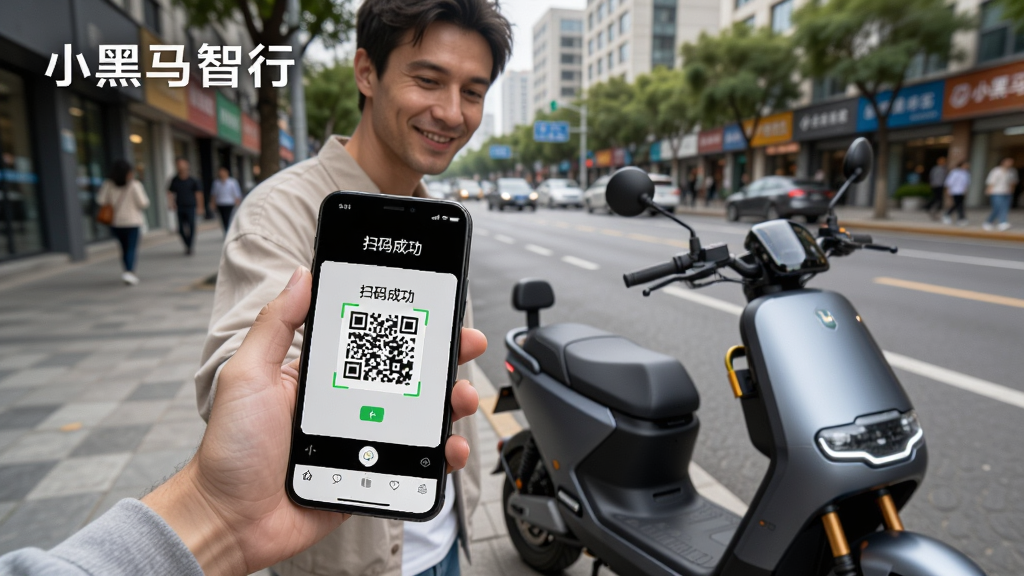 主体:一位用户正使用小黑马智行APP扫码解锁一辆电动车,车辆外观时尚,背景是城市街道。布局:用户位于画面中央偏左,手机屏幕朝向镜头,显示扫码界面,右侧是电动车,后方是街景。排版:突出手机屏幕和二维码,上方有“小黑马智行”文字。风格:纪实风格,光线自然,色彩真实。细节:手机屏幕上有“扫码成功”字样,用户表情轻松,画质清晰,干净无多余元素。