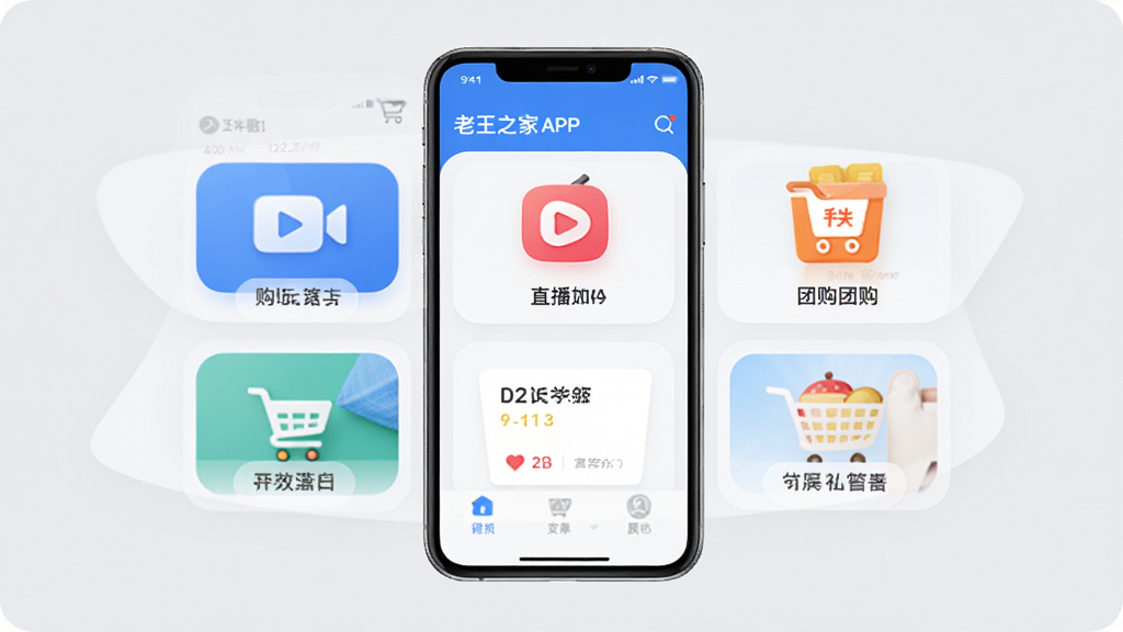 老王之家APP主界面展示,手机屏幕内显示购物、直播、团购等主要功能板块,整体界面简洁明亮,采用蓝色主色调,图标圆润精致,背景为干净的浅灰色,画面居中,排版清晰,现代扁平化风格,细节丰富,高清画质,干净无多余元素