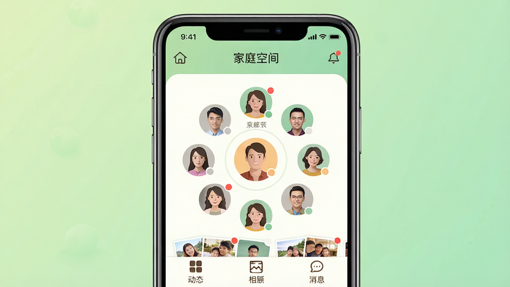 画面主体为一部智能手机屏幕,屏幕内展示“亲戚朋友家”APP主界面,界面顶部有“家庭空间”字样,中部是亲友头像组成的圆形列表,底部有动态、相册、消息三个标签。布局为手机居中,浅绿色渐变背景,UI设计扁平化,风格温馨明亮,细节包含消息红点与家庭相册缩略图,画质高清干净,无多余元素。