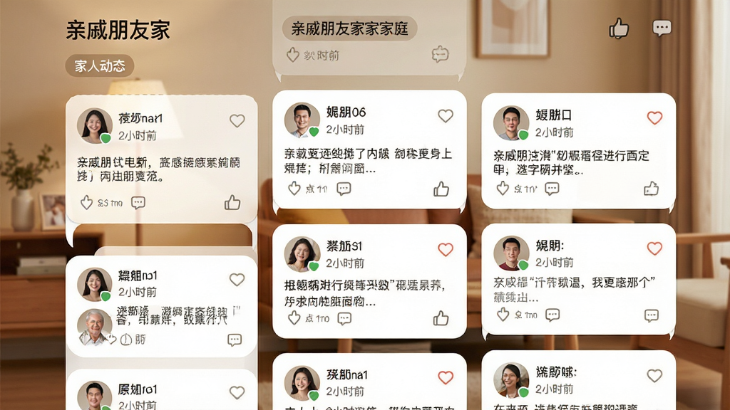 画面主体为“亲戚朋友家”家庭空间页面,布局为瀑布流式动态卡片,每张卡片包含亲友头像、昵称、时间与内容预览,风格为简约家居风,暖色调背景,细节有“家人动态”标签与点赞评论图标,画质干净明亮,无多余元素。