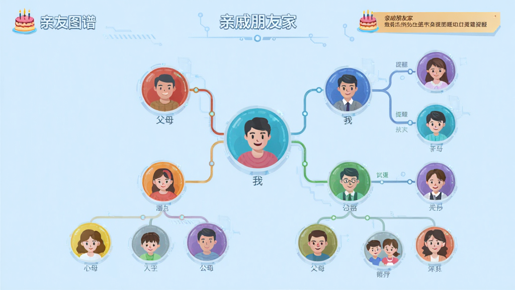 画面主体为“亲戚朋友家”亲友图谱界面,布局为树状图结构,中心为“我”,周围环绕父母、子女等节点,节点用不同颜色区分,风格为科技感扁平插画,背景为淡蓝色,细节有生日蛋糕图标与提醒横幅,画质高清明快,无多余元素。