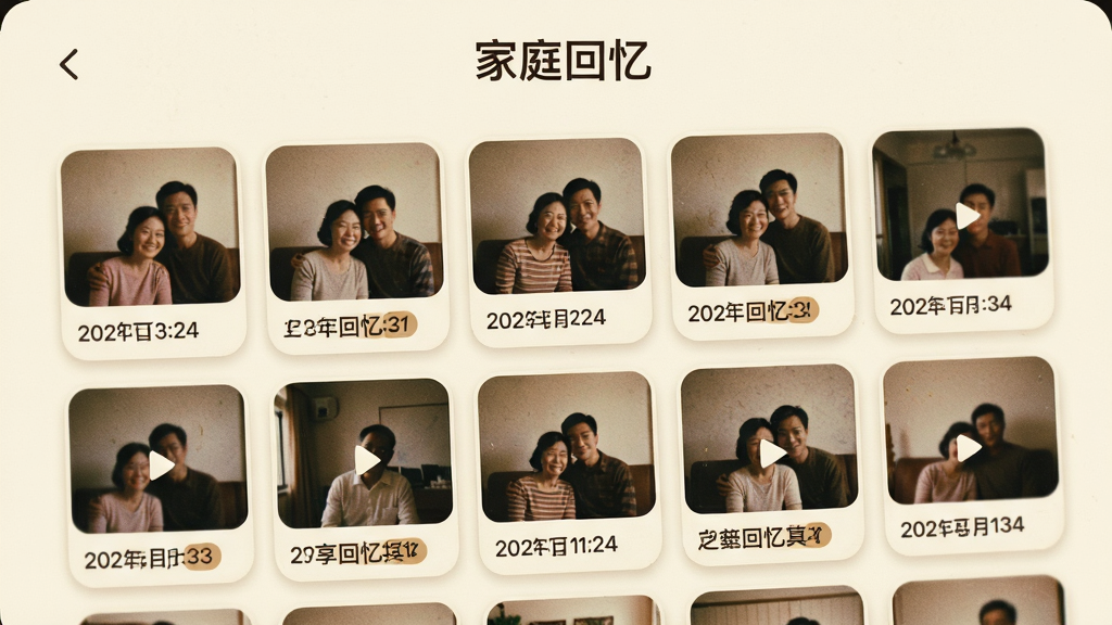 画面主体为“亲戚朋友家”共享相册浏览界面,布局为网格状照片墙,每张照片有圆角边框,顶部有“家庭回忆”标题,风格为温馨复古胶片风,背景为米白色,细节有照片日期标签与自动生成的回忆视频按钮,画质清晰细腻,无多余元素。