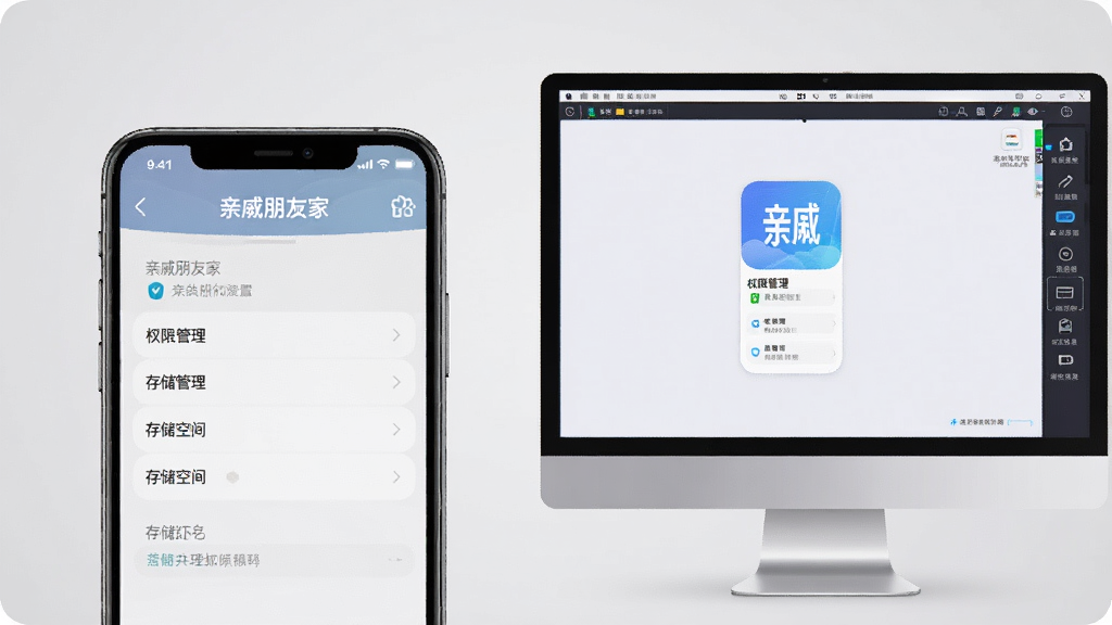 画面主体为一部手机与一台电脑并排摆放,手机屏幕显示“亲戚朋友家”设置界面,电脑屏幕显示模拟器运行该应用,布局为左右对称,风格为现代科技感,背景为浅灰色,细节有“权限管理”与“存储空间”选项,画质干净清晰,无多余元素。