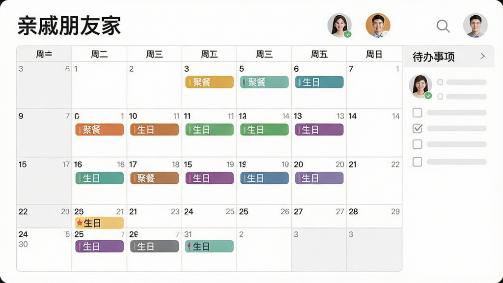 画面主体为“亲戚朋友家”家庭日历界面,布局为月视图,日期格内显示彩色事件标签,如“聚餐”、“生日”,风格为简约商务风,背景为白色,细节有“家庭成员头像”与“待办事项”侧边栏,画质干净整洁,无多余元素。