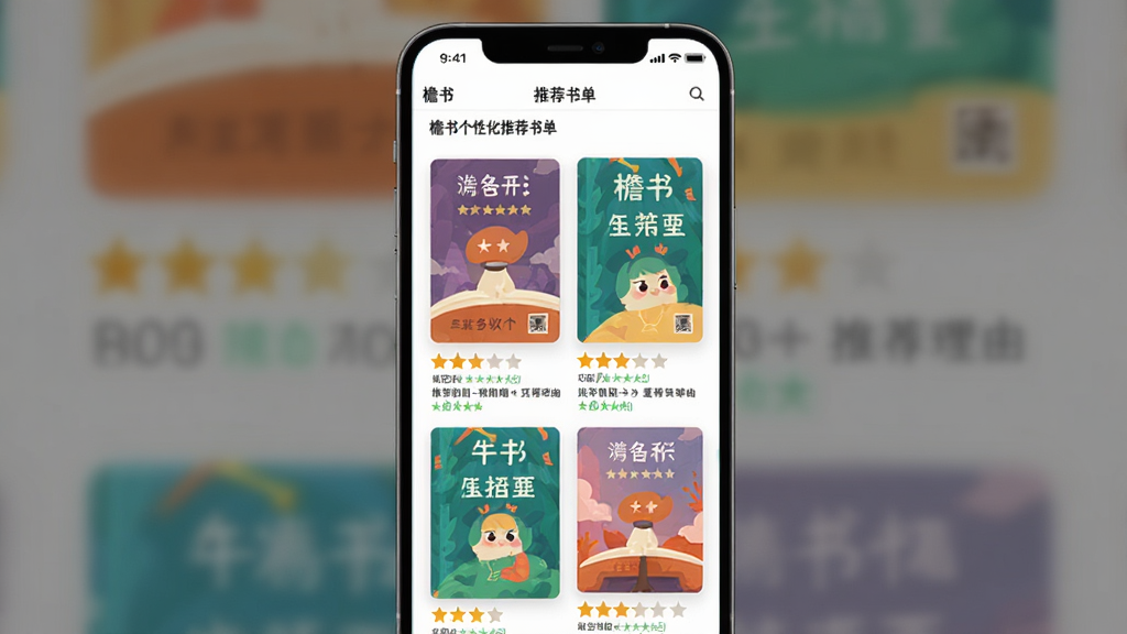 檐书个性化推荐书单界面,主体为手机竖屏显示推荐列表,封面图片排列成瀑布流,每本书下方有评分与推荐理由,布局为网格状,风格为清新扁平插画,细节包括书籍封面颜色丰富、星级评分金色星星,画质柔和干净,无多余元素