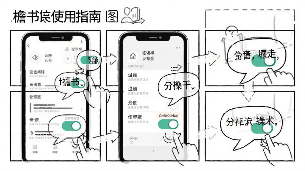 檐书使用指南步骤图解,主体为手机屏幕显示设置界面与操作提示气泡,布局为分步式漫画风格,风格为简洁线稿插画,细节包括箭头指示、设置开关图标,画质干净无多余元素