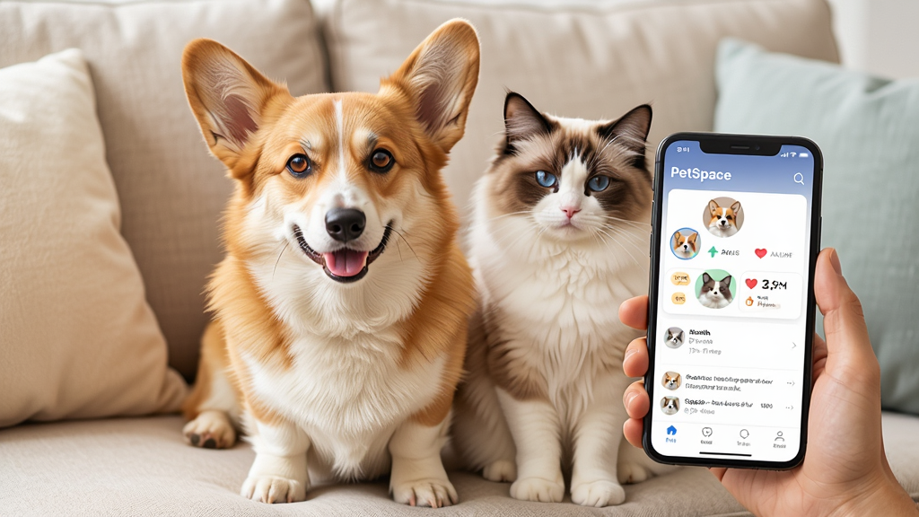 一张展示PetSpace应用主界面的高清预览图,画面中央是一只可爱的柯基犬和一只布偶猫并排坐在沙发上,主人手持手机展示App界面,界面清晰显示宠物头像、健康数据图标和社交动态,整体风格明亮温馨,采用暖色调,画面干净无多余元素,细节丰富,画质清晰