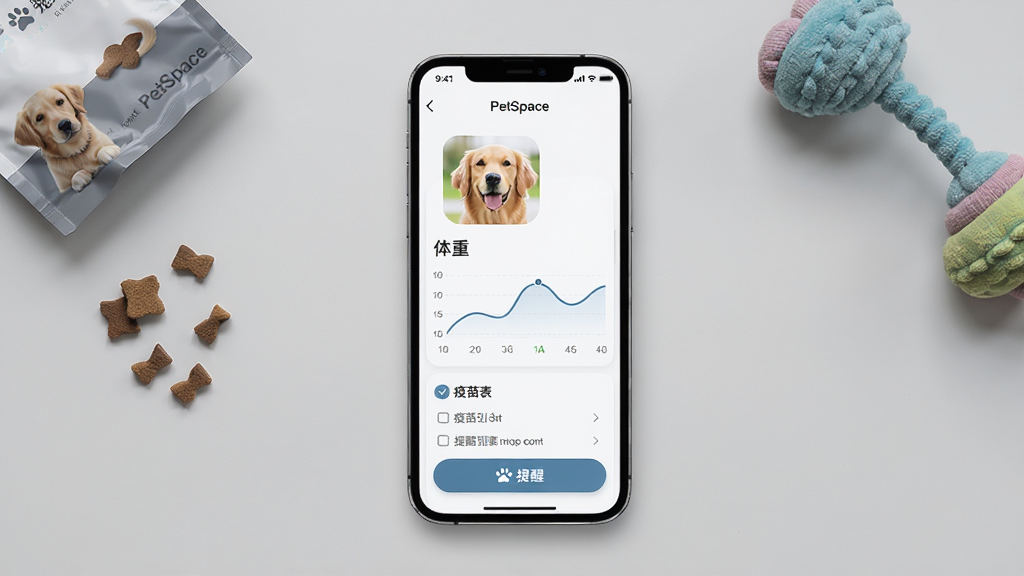 PetSpace宠物档案管理界面预览图,画面中手机屏幕显示一只金毛犬的详细档案页面,包含头像、体重曲线图、疫苗列表和提醒按钮,背景是简洁的浅灰色桌面,旁边放有宠物零食和玩具,构图居中,排版清晰,风格简约现代,细节真实,画质细腻,文字标注“PetSpace”