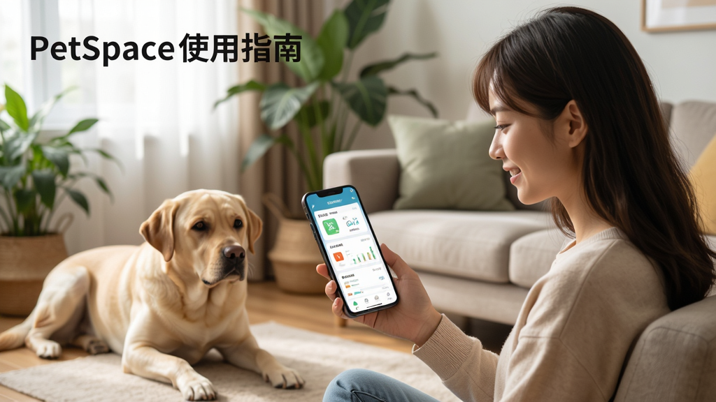 PetSpace使用场景示意图,一位年轻女性在温馨的客厅里用手机查看宠物健康报告,旁边是一只拉布拉多犬安静趴着,手机屏幕显示App界面,背景有绿植和沙发,画面自然光线充足,构图和谐,风格生活化,细节丰富,画质清晰,文字标注“PetSpace使用指南”