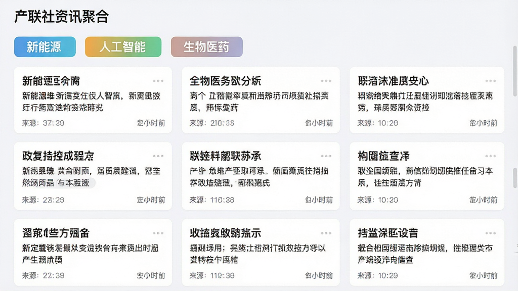 产联社资讯聚合界面,展示多个产业分类标签如“新能源”、“人工智能”、“生物医药”,下方是密集的新闻卡片列表,每张卡片包含标题、摘要、来源和时间,界面采用卡片式布局,色彩清新,信息层级分明,画质高清,干净无多余元素