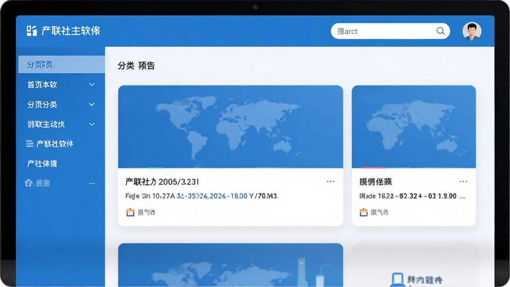产联社软件主界面截图,展示首页信息流、分类导航栏、搜索框和用户头像,布局清晰简洁,现代扁平化设计风格,以蓝色和白色为主色调,界面干净明亮,画质高清,无多余元素