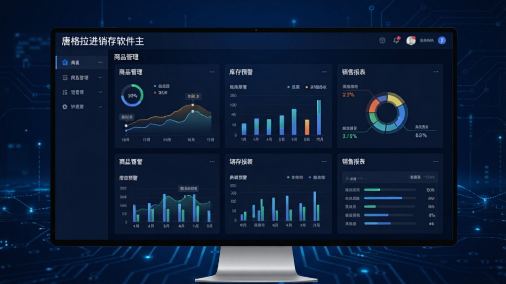 唐格拉进销存软件主界面展示图,深蓝色科技感背景,屏幕中央展示软件商品管理、库存预警、销售报表等核心模块的仪表盘布局,界面清爽整洁,数据图表清晰,风格现代商务,画质高清,无多余元素