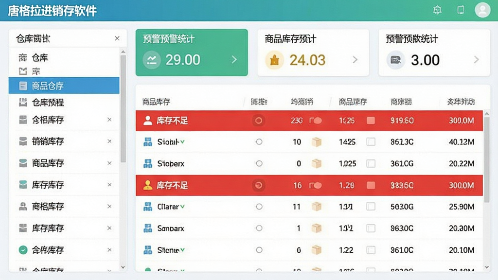 唐格拉进销存软件库存预警界面截图,界面左侧为仓库列表,右侧为商品库存列表,红色高亮显示库存不足的商品行,顶部有预警统计卡片,整体设计扁平化,色彩清新,文字标注