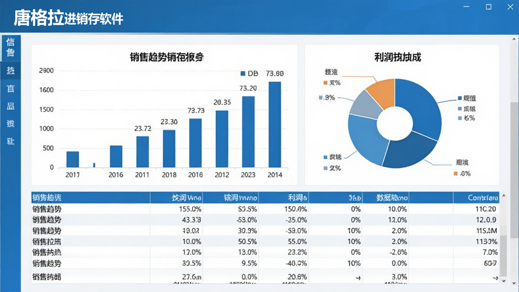 唐格拉进销存软件财务报表界面,屏幕中央显示柱状图与饼图,展示销售趋势与利润构成,下方为数据明细表格,整体色调以蓝白为主,风格专业商务,软件名称出现在页面左上角,画质高清,无多余元素