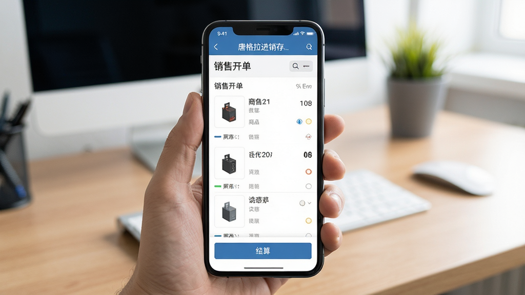 唐格拉进销存软件移动端手机界面展示,屏幕显示销售开单页面,商品列表和结算按钮清晰可见,手机背景为办公桌面,整体风格明亮,软件名称显示在手机屏幕顶部,画质高清,无多余元素
