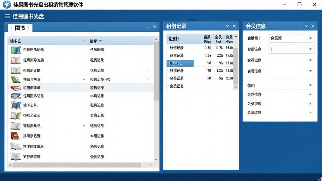 佳易图书光盘出租销售管理软件界面截图,展示图书列表、租借记录、会员信息等核心功能模块,布局清晰,现代商务风格,蓝色主色调,界面干净整洁,高分辨率,细节丰富